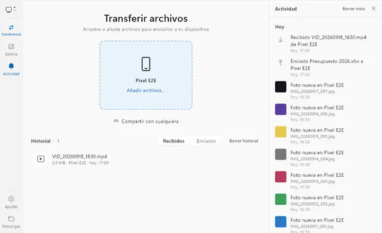 Lista de transferencias entre dispositivos